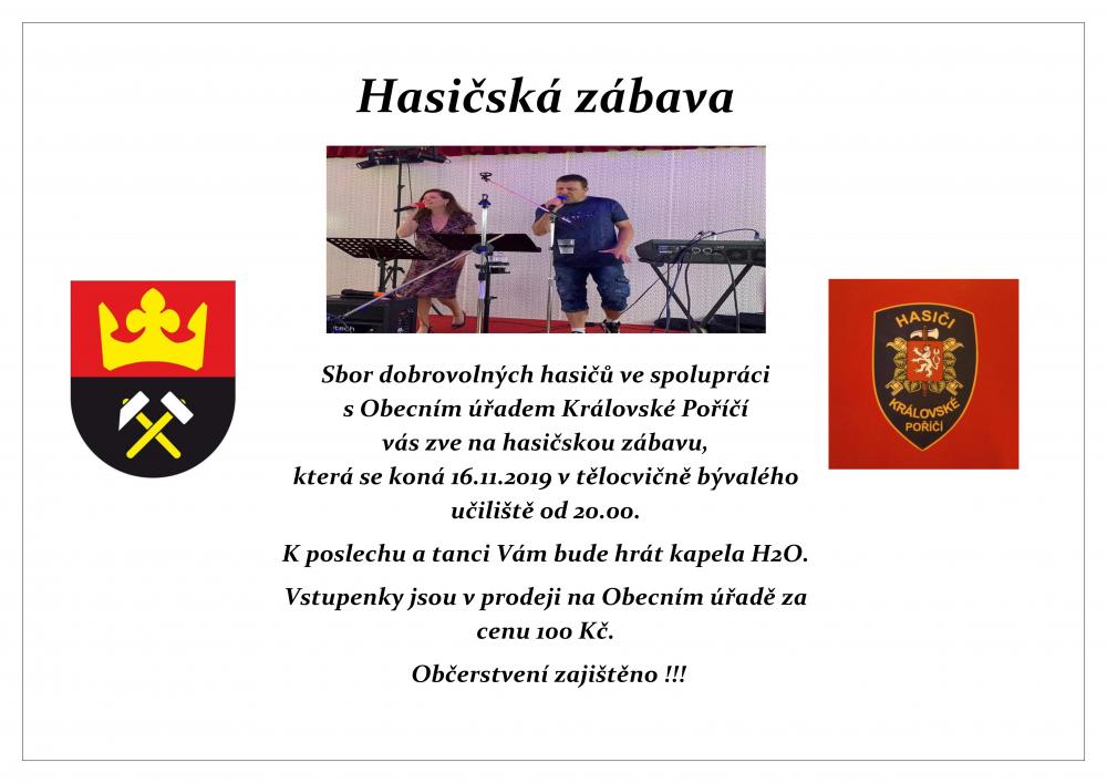 Pozvánka na Hasičskou zábavu 16. 11. 2019