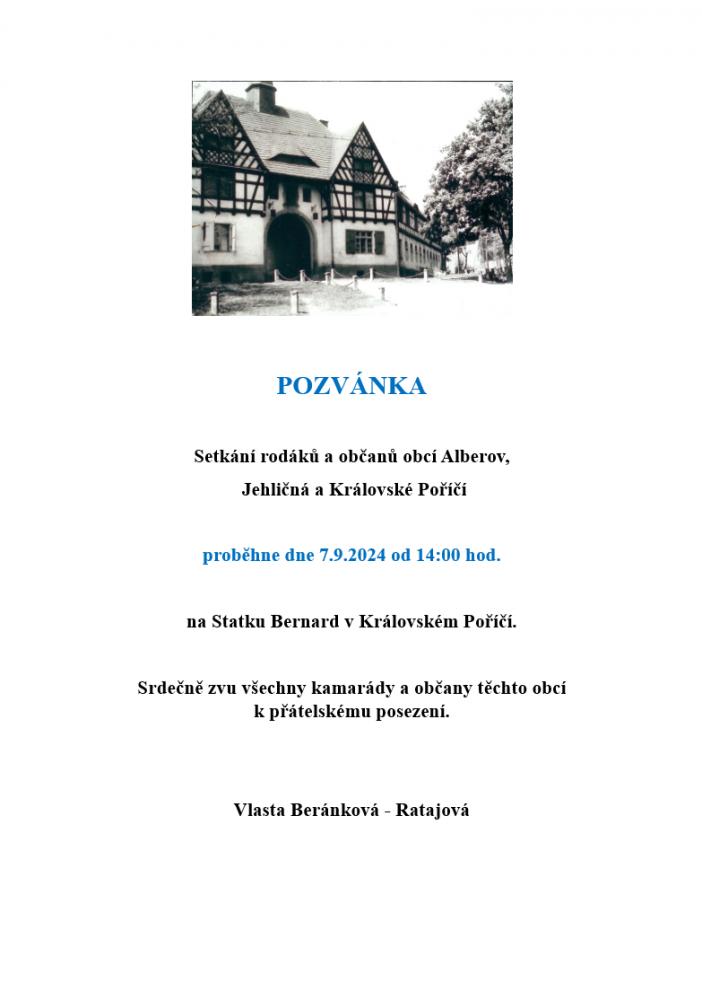 Pozvánka na setkání rodáků a občanů obcí Alberov, Jehličná a Královské Poříčí